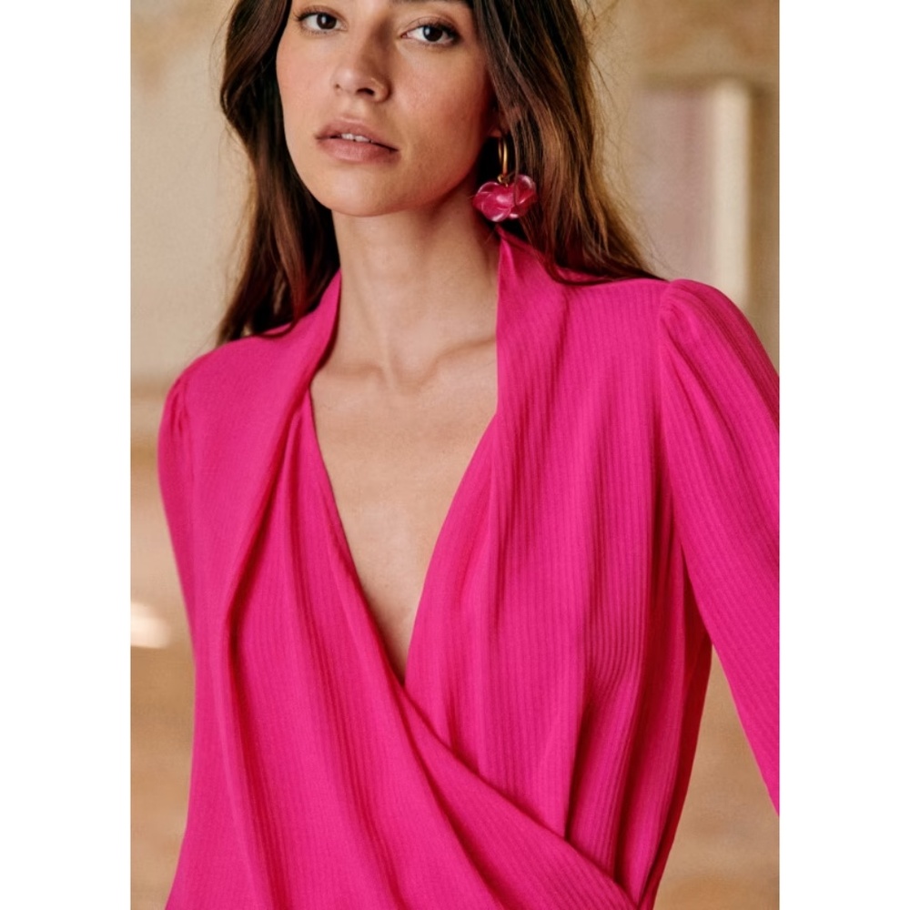 NWT Sezane Bright Pink Abelia Wrap Blouse Size 42 US 10